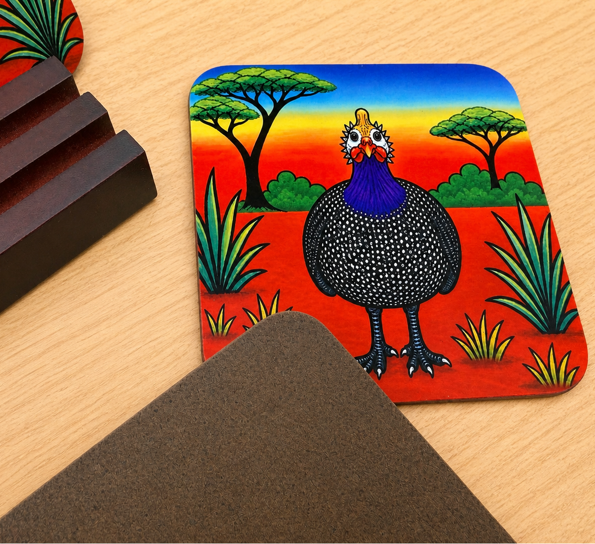 Colorful Guinea Fowl Coaster Set – Vibrant South African Safari-Inspired Home Decor Set of 4 - optional display stand