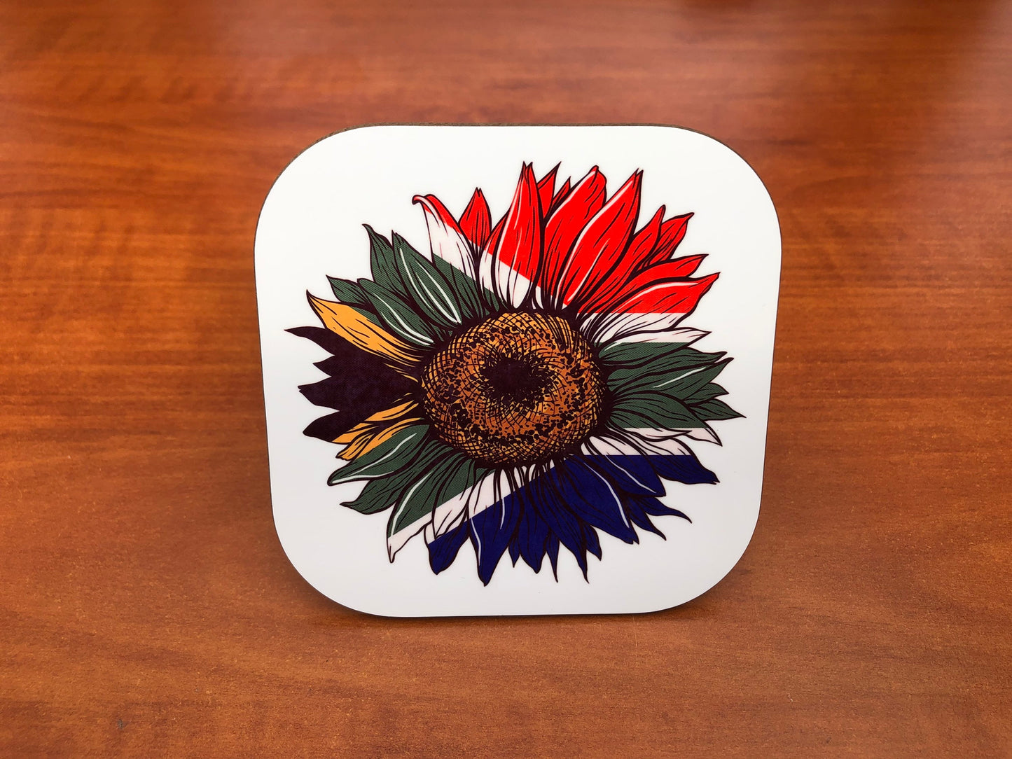 Coaster South African Rainbow Nation on Sunflower. South African coaster. ( 9x9cm ) Flag Art.