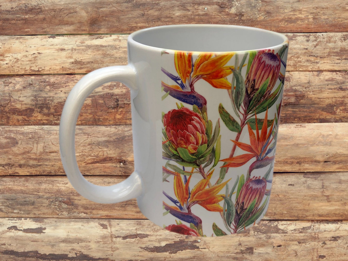 Protea and Strelitzia ( Bird of Paradise Flower ) 11oz mug. South African flowers Bright and colourful.