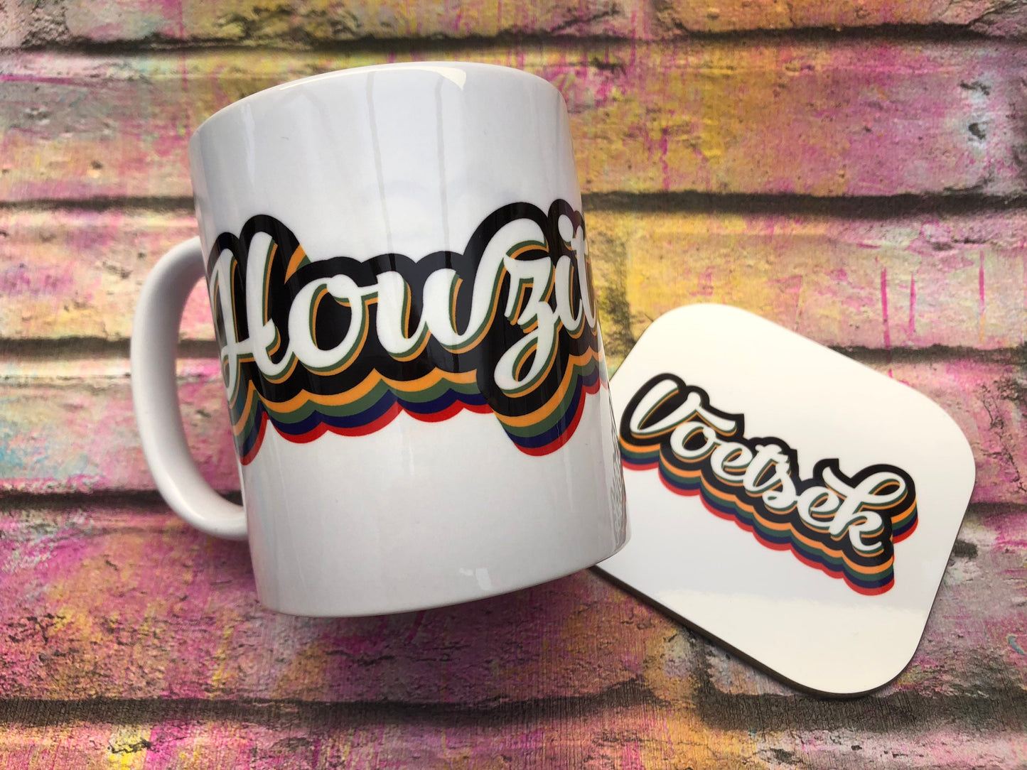 South African speciality Howzit mug with a complementing Voetsek coaster