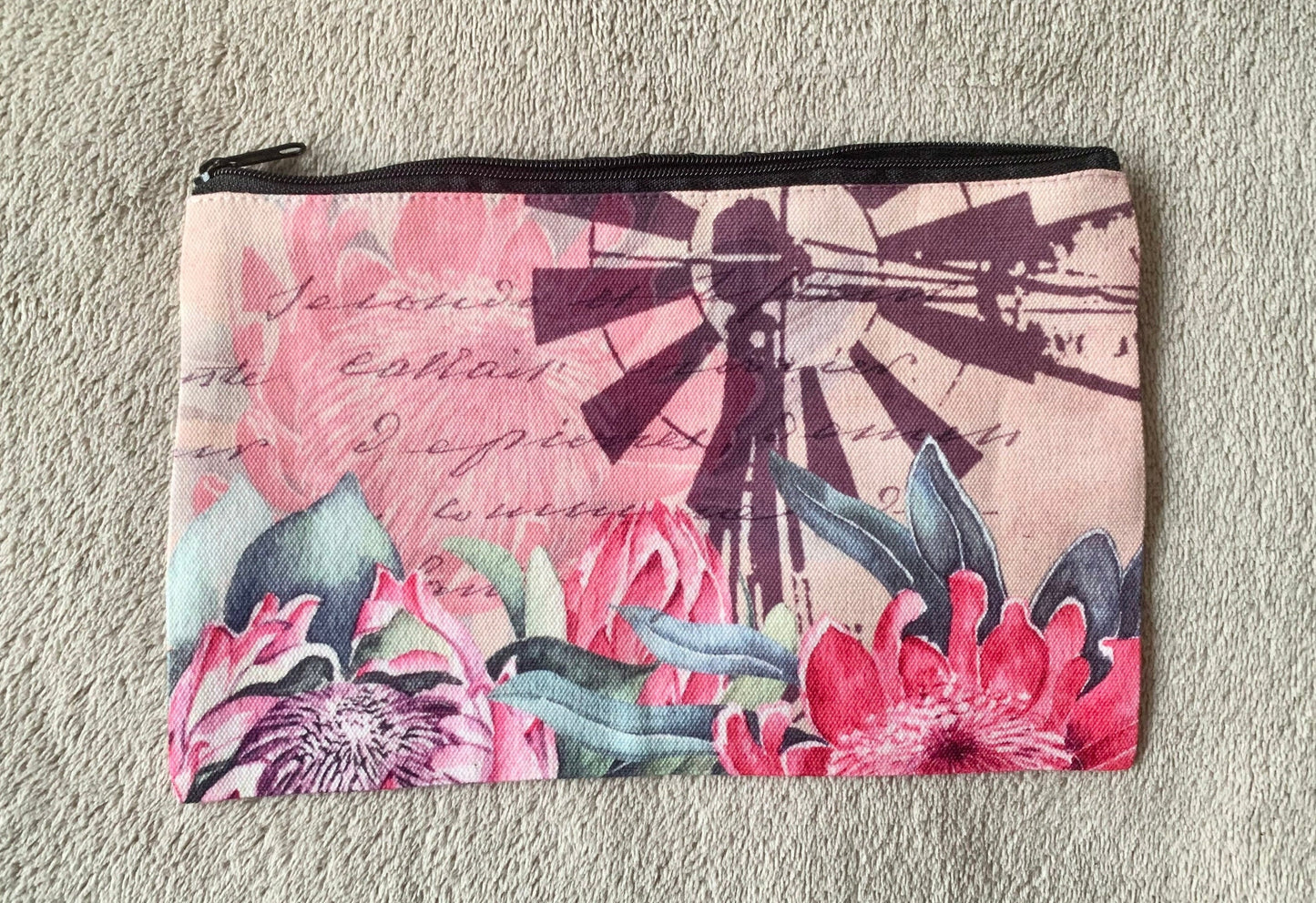 Make up bag Pencil case Karoo Windpomp and Protea design linen cosmetics or pencil case