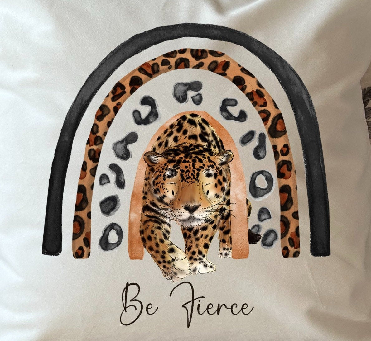 Hand Printed 'Be Fierce' Leopard plush white deluxe 'soft feel' scatter cushion. ( 40x40cm )