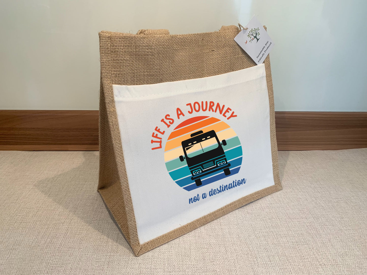 Motorhome Caravan RV bag Life is a journey, not a destination Jute Bag with fabric pocket. Eco-friendly Hessian Burlap Tote Reusable