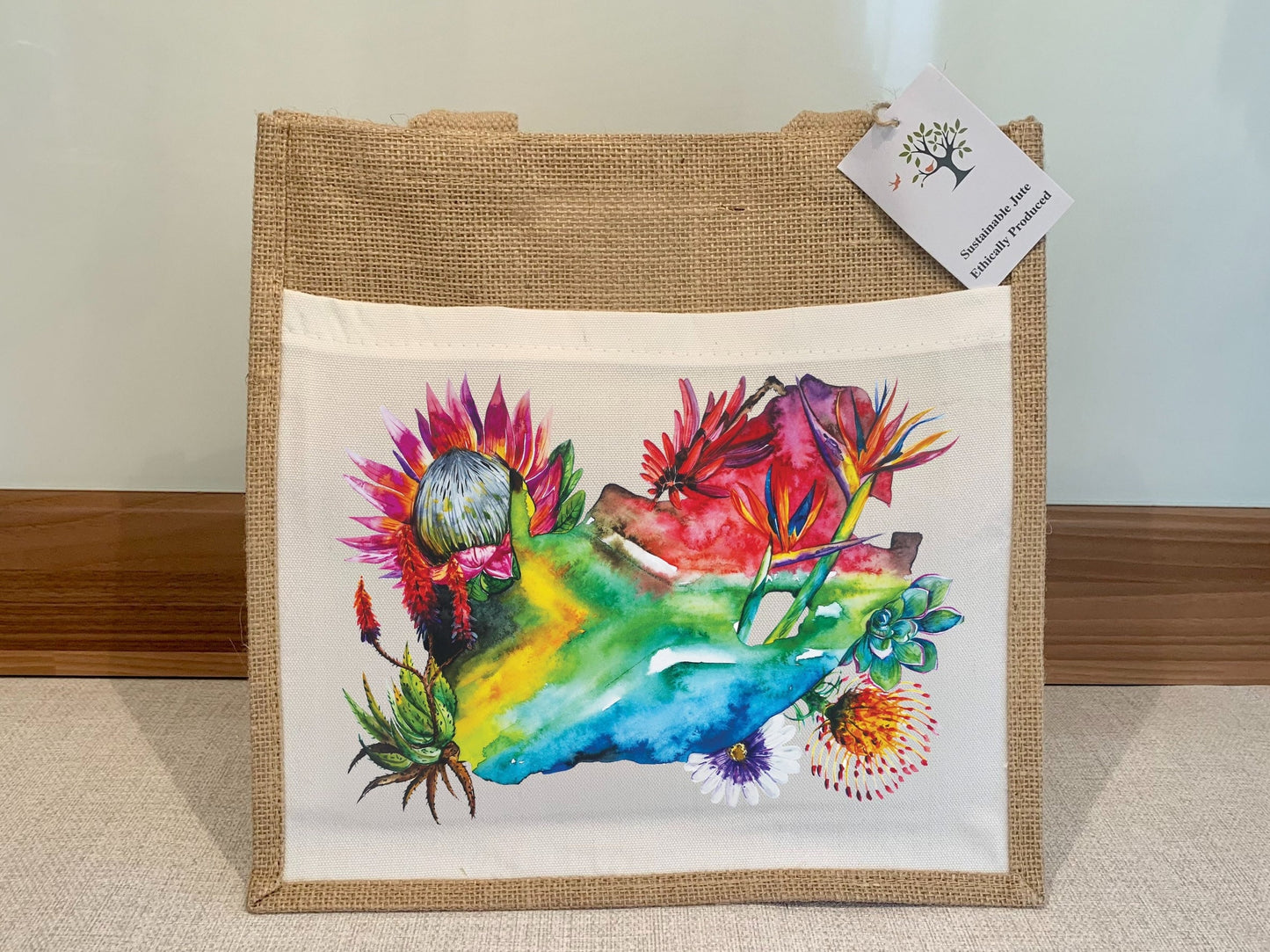 South Africa Flag Map Protea Floral Watercolour Design Jute Bag with fabric pocket. Eco-friendly Hessian Burlap Tote Reusable. Flag Art.