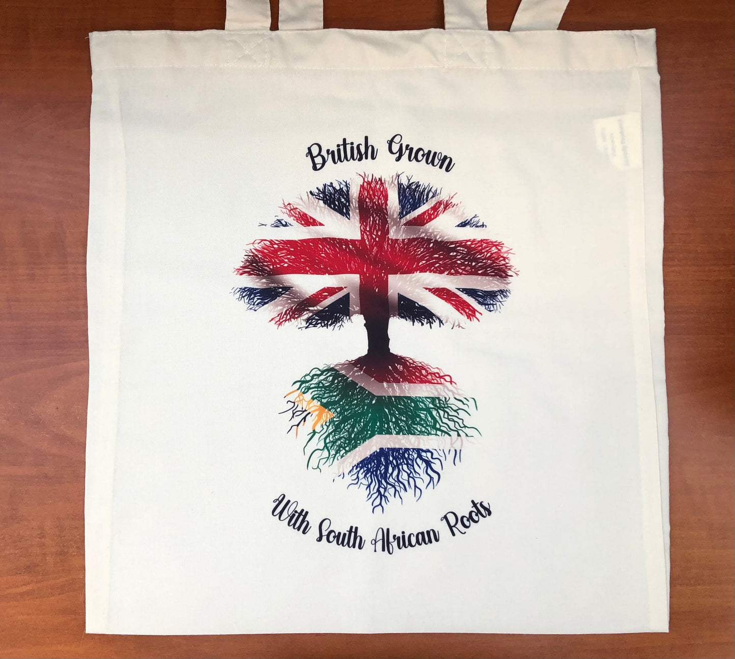 Fabric bag South African Flag United Kingdom Union Jack 'Grown in Britain with South African Roots' natural fabric tote bag.