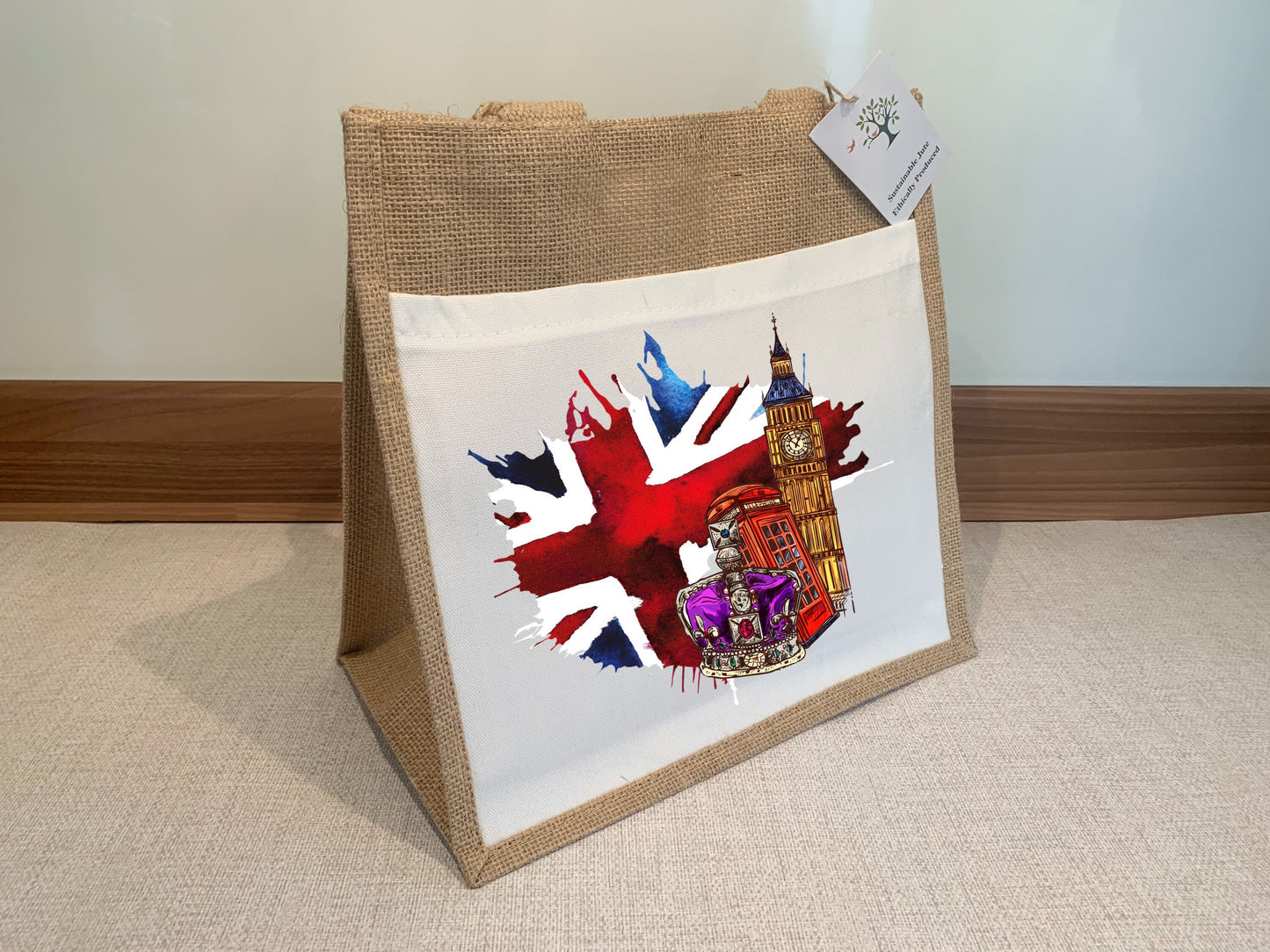 London Jute Bag with fabric pocket. Eco-friendly Hessian Burlap Tote Reusable Landmarks of London Britain. Union Jack. Gift from London.