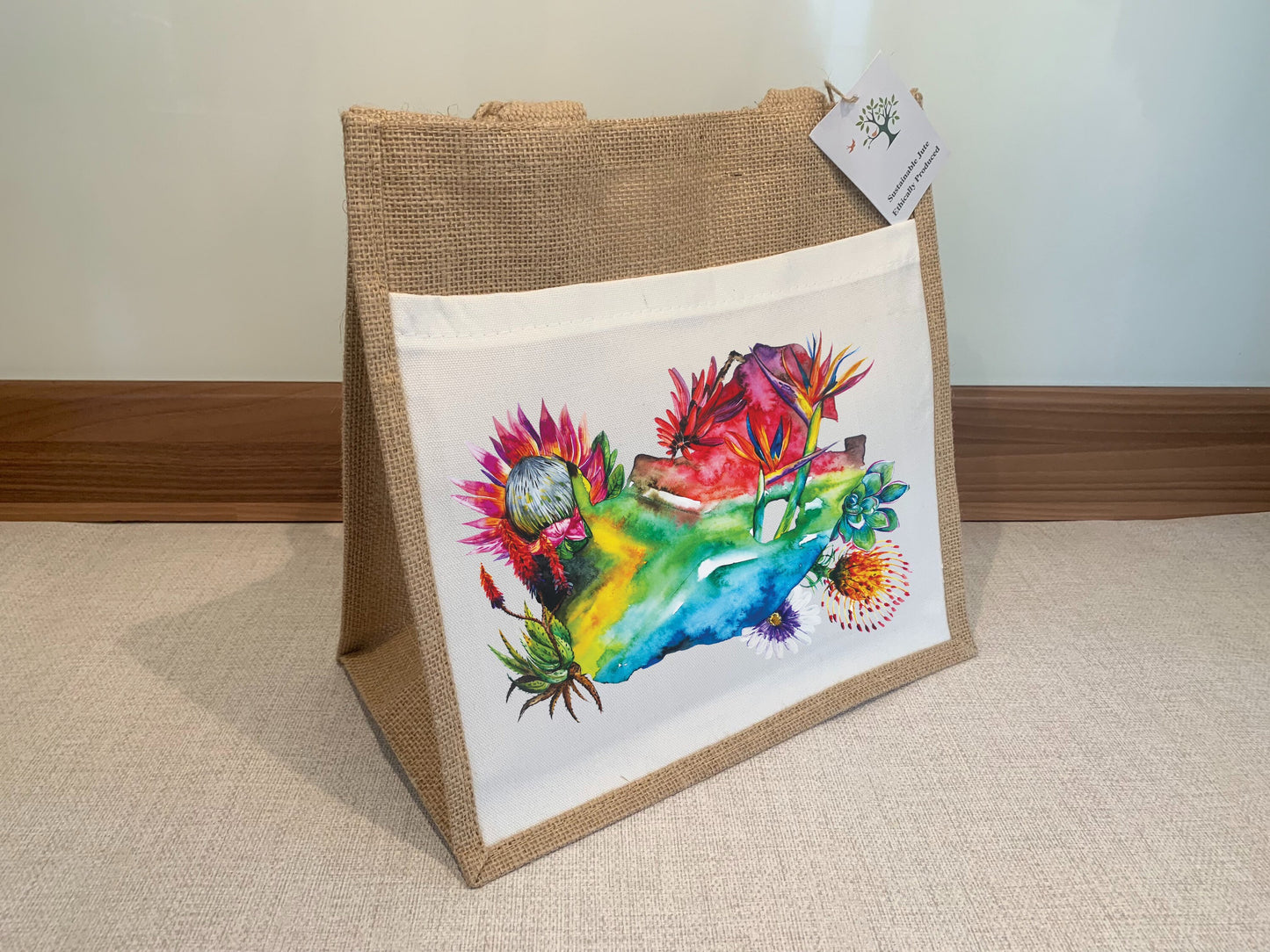 South Africa Flag Map Protea Floral Watercolour Design Jute Bag with fabric pocket. Eco-friendly Hessian Burlap Tote Reusable. Flag Art.