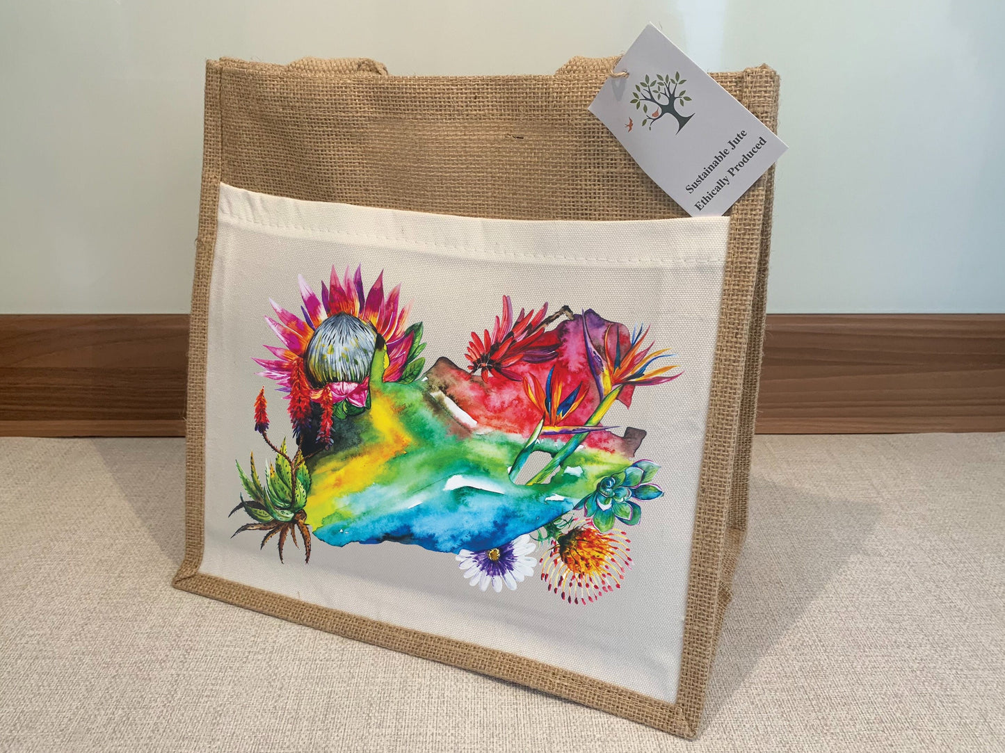South Africa Flag Map Protea Floral Watercolour Design Jute Bag with fabric pocket. Eco-friendly Hessian Burlap Tote Reusable. Flag Art.