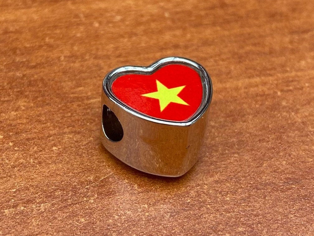 Vietnam Vietnamese flag heart shaped bracelet stainless steel charm bead Personalised Add on Large hole bead Valentine’s gift for mom mum