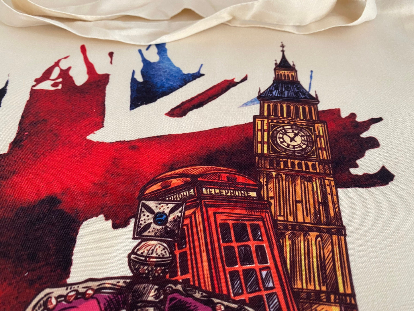 London Highlights natural tote bag. Gift from London Britain. London Souvenir. Big Ben Union Jack.