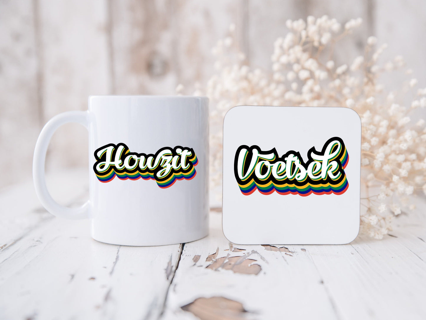 South African speciality Howzit mug with a complementing Voetsek coaster