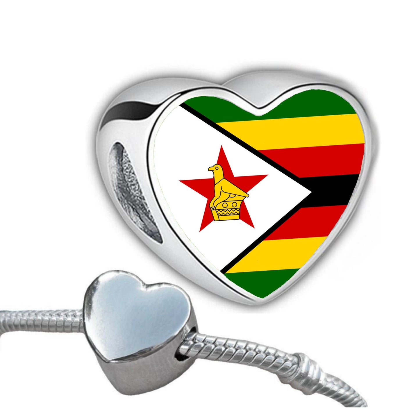 Zimbabwe Zimbabwean flag heart shaped bracelet stainless steel charm bead Personalised charm Add on Large hole Valentine’s gift for mum mom