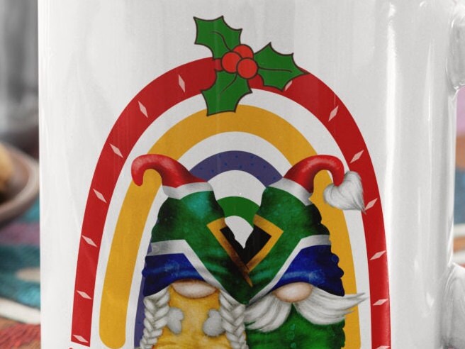Christmas mug Gnome Gonk Elf South Africa Merry Christmas Gnome 11 oz mug. Christmas Gnome with South African Flag hat. Hot chocolate mug.