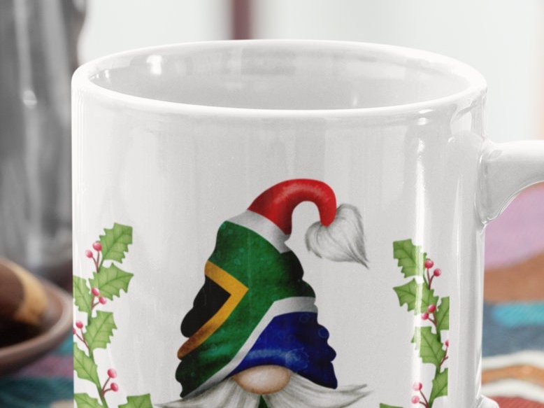 Christmas mug Gnome Gonk Elf South African Merry Christmas Gnome 11 oz mug.Christmas Gnome with South African Flag hat. Hot chocolate mug.