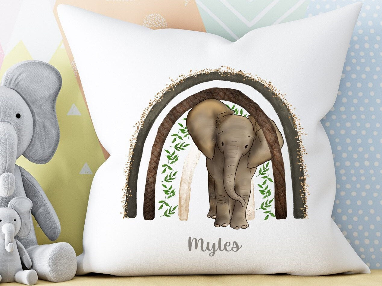 Personalised Baby Elephant with rainbow African Safari plush white 'soft feel' scatter cushion. ( 40x40cm ). Nursery decor. New Baby gift.