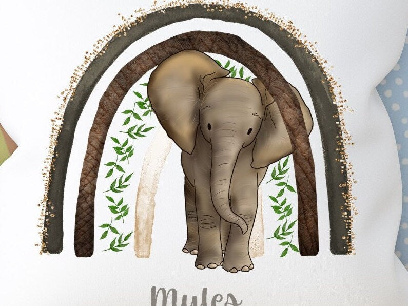 Personalised Baby Elephant with rainbow African Safari plush white 'soft feel' scatter cushion. ( 40x40cm ). Nursery decor. New Baby gift.