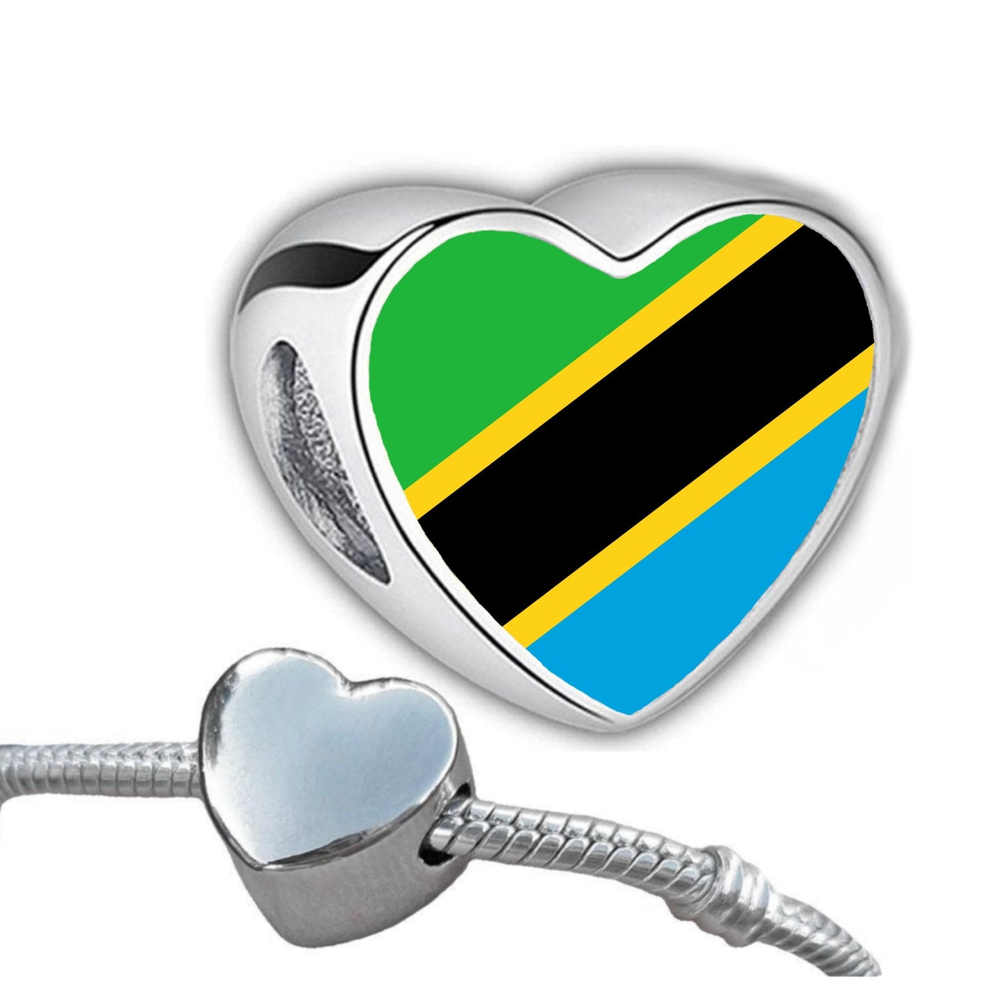 Tanzania Tanzanian heart shaped bracelet stainless steel charm Personalised flag bead Add on large hole charm bead Valentine’s gift Mum Mom