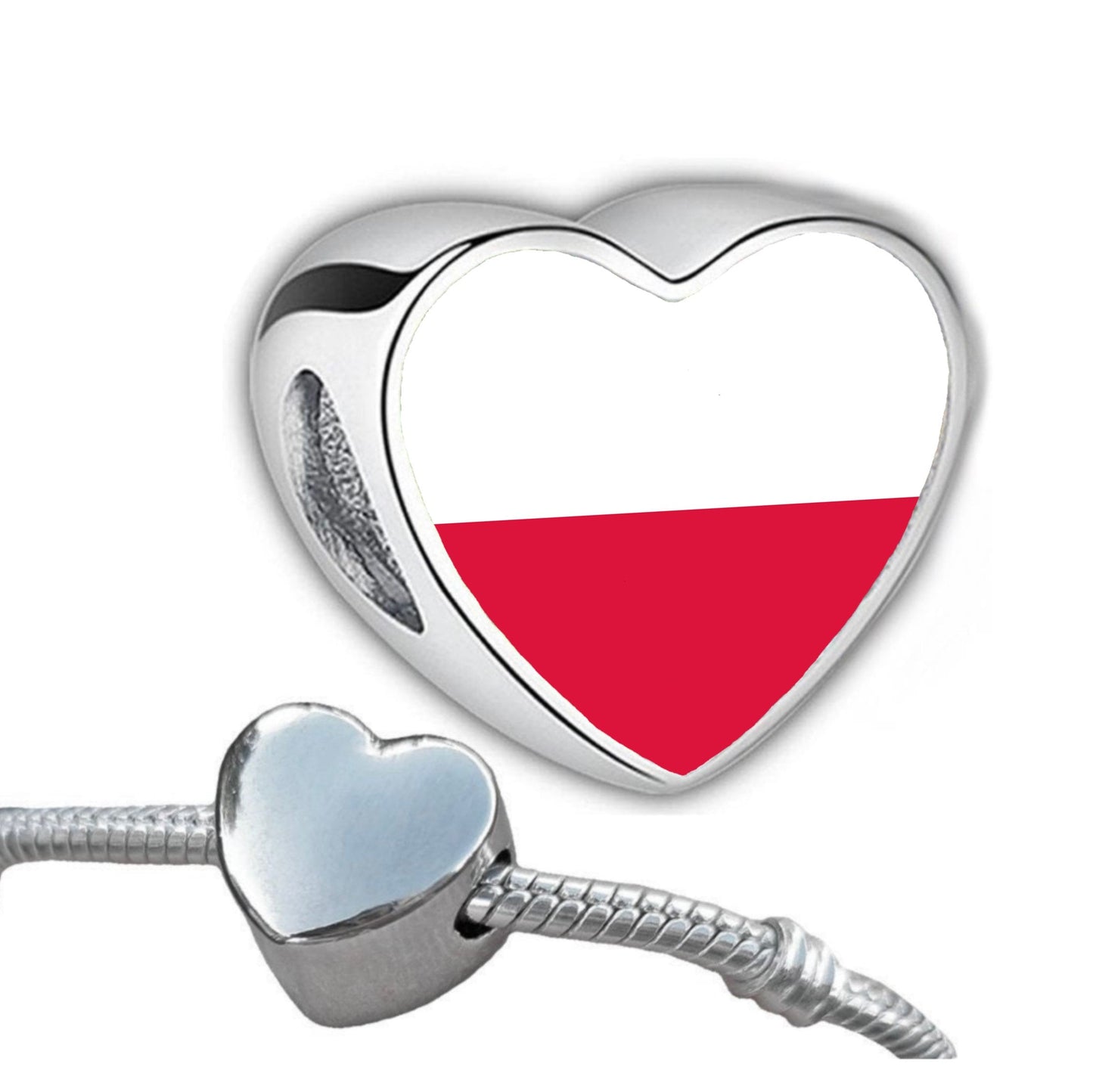 Polish Poland heart shaped bracelet stainless steel charm bead. Personalised Charm bead Large hole Add on bead charm. Valentine’s gift.