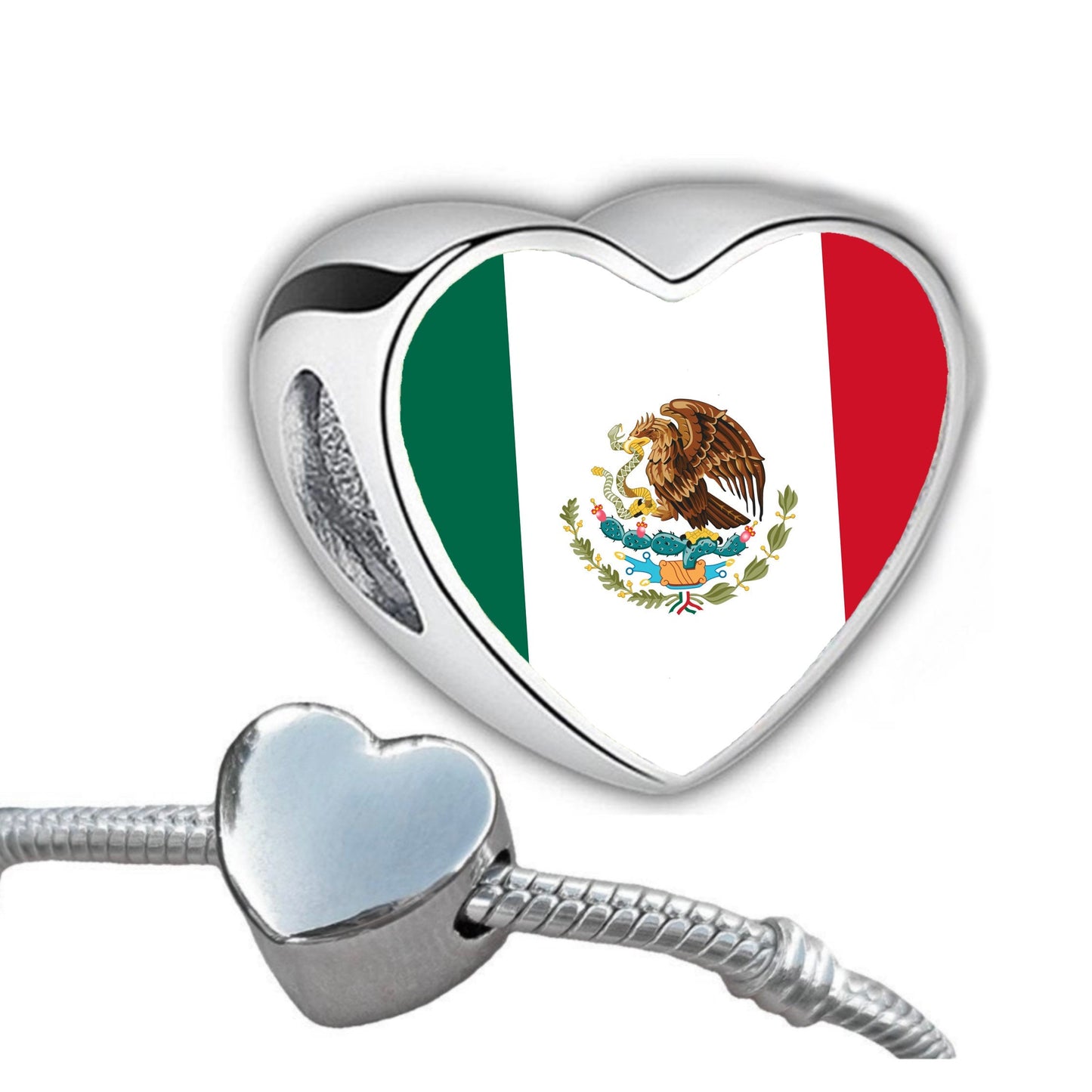 Mexico Mexican flag heart bracelet stainless steel charm bead. Personalised Add on charm Large hole Valentine’s gift for mom mum CHARM ONLY