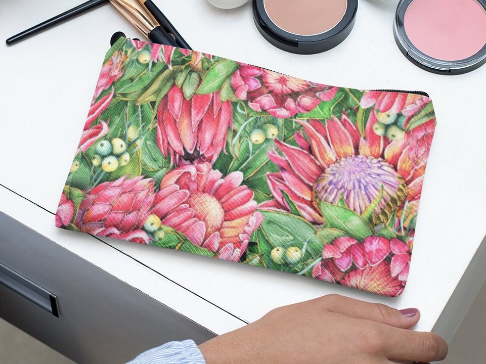 Linen Make up bag cosmetics pencil case with hot pink Protea design Zipped pouch.