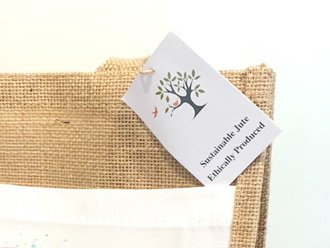 Bee and Rainbow Jute Bag with fabric pocket. Eco-friendly Hessian Burlap Tote Reusable