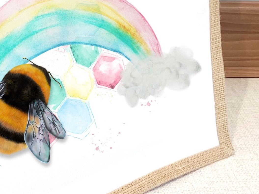 Bee and Rainbow Jute Bag with fabric pocket. Eco-friendly Hessian Burlap Tote Reusable