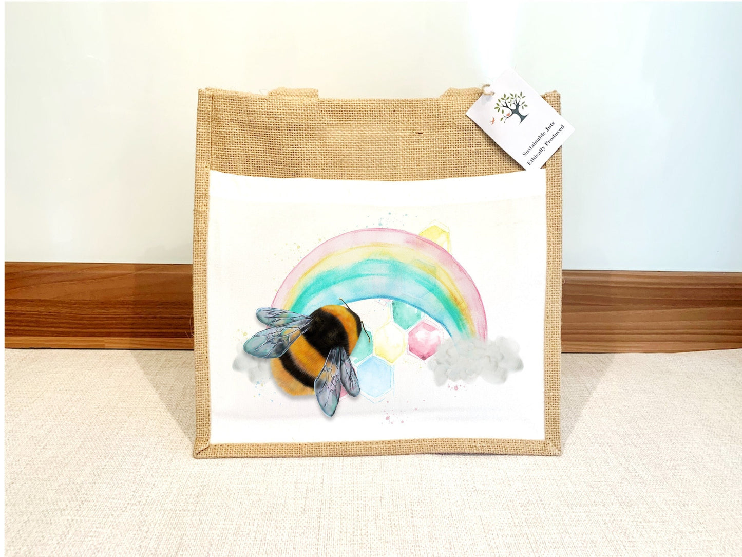 Bee and Rainbow Jute Bag with fabric pocket. Eco-friendly Hessian Burlap Tote Reusable