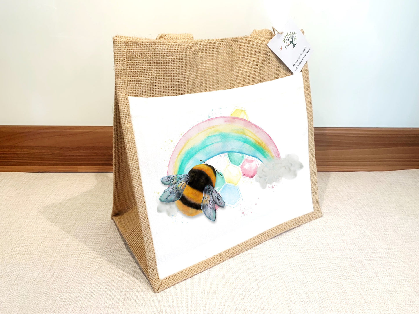 Bee and Rainbow Jute Bag with fabric pocket. Eco-friendly Hessian Burlap Tote Reusable