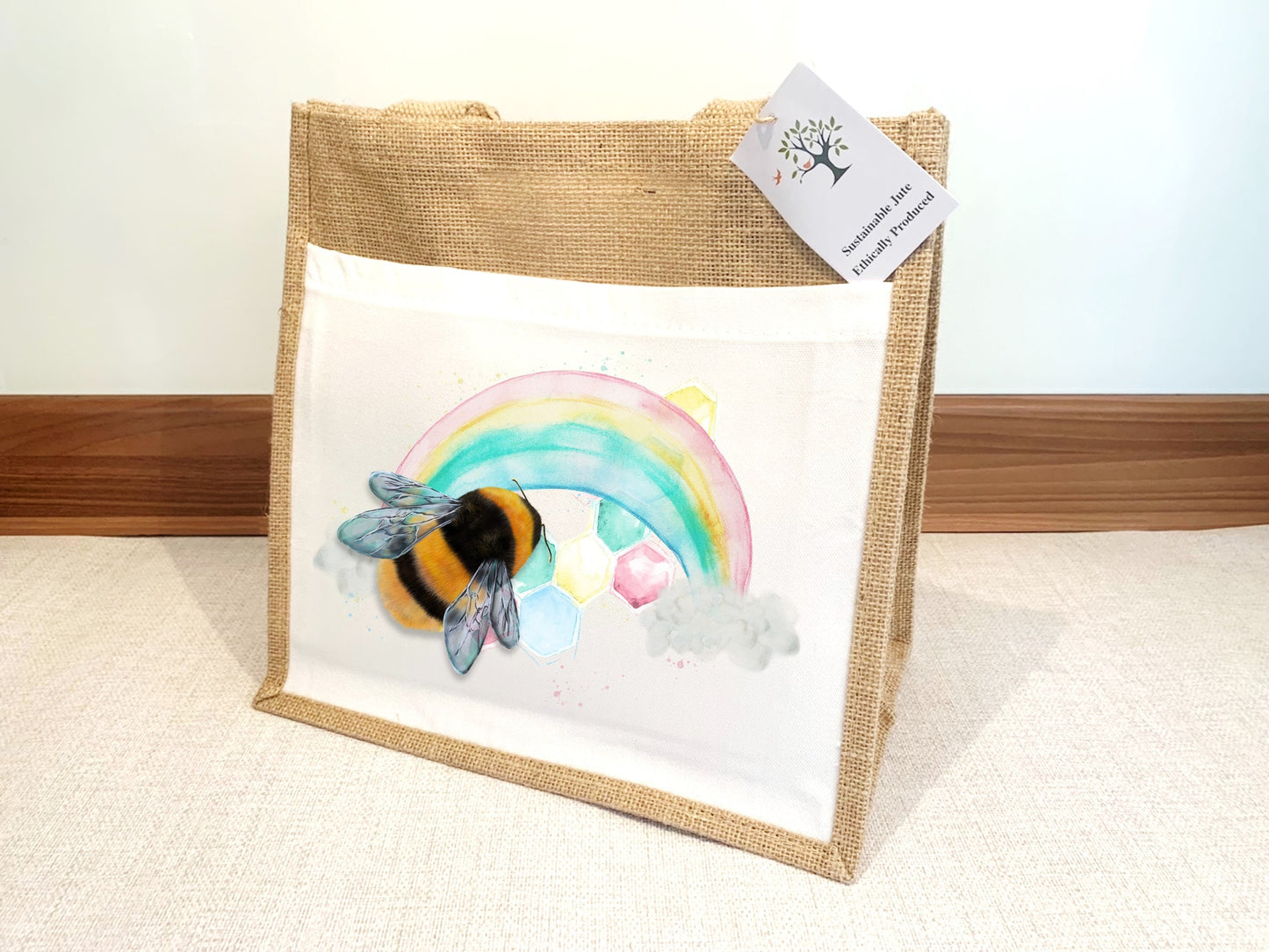 Bee and Rainbow Jute Bag with fabric pocket. Eco-friendly Hessian Burlap Tote Reusable