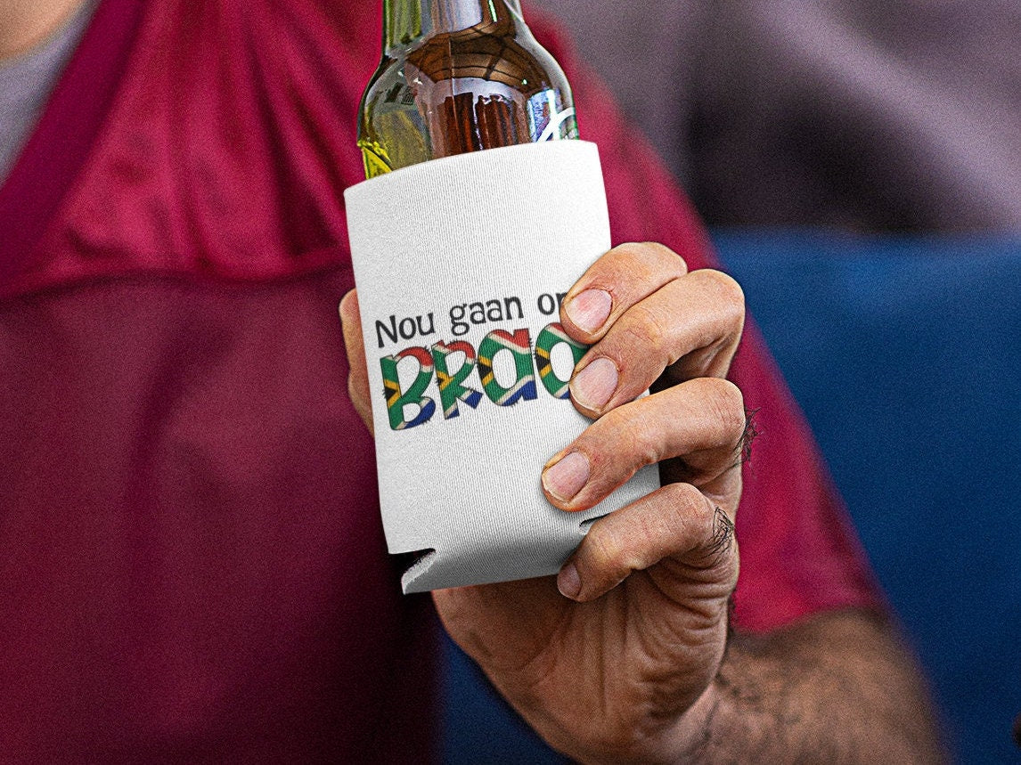 Can sleeve can cooler Barbecue Braai gift South African gift Nou gaan ons braai South African Flag fathers Day gift for him