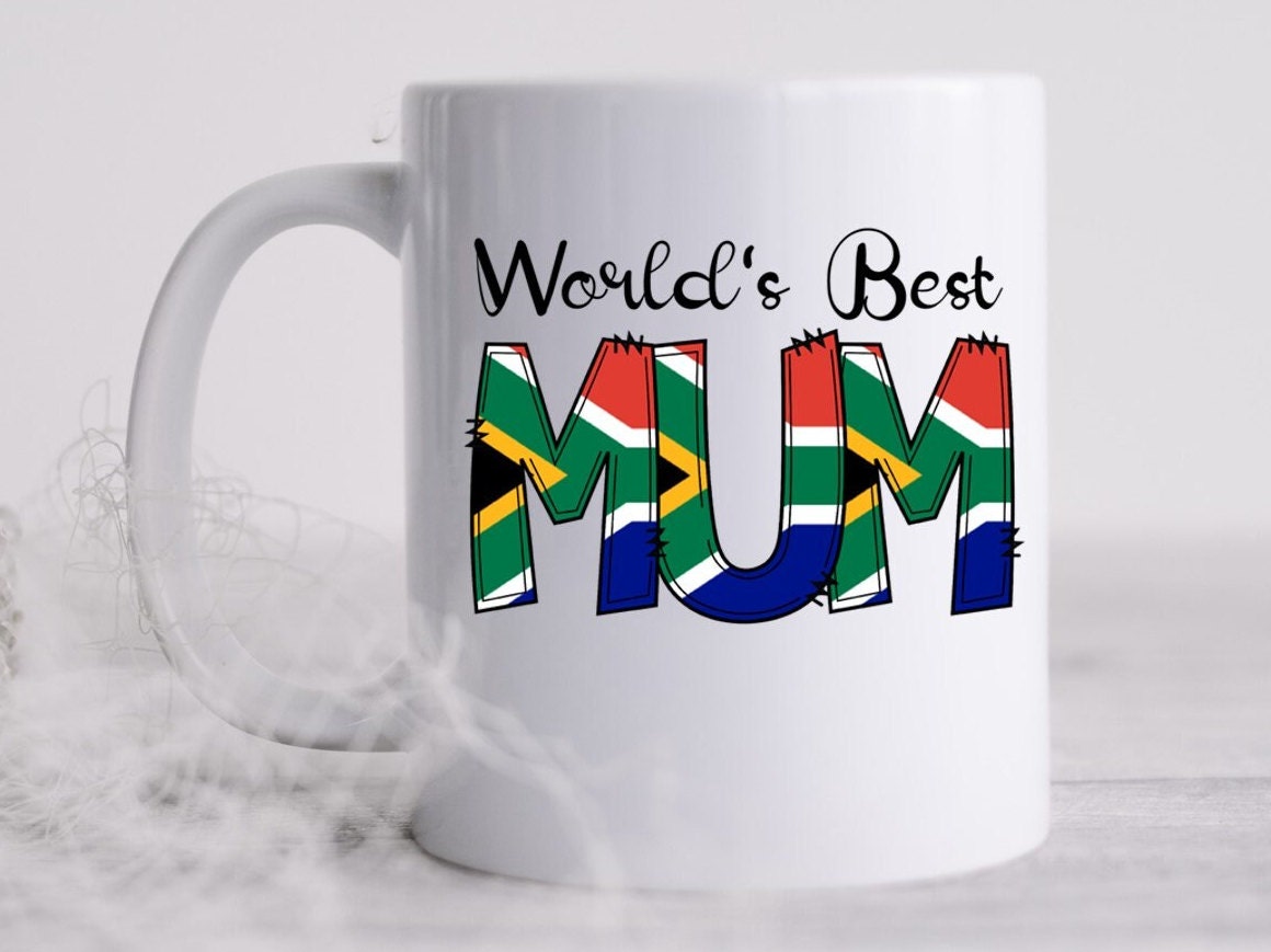 South African Flag Mug, World's Best Mum/Mom Sunflower Gift