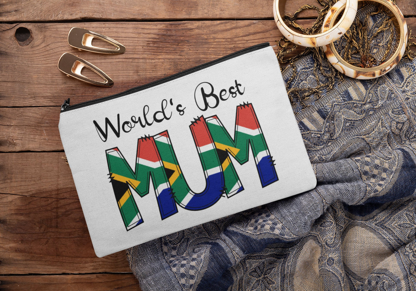 South African Flag Cosmetic Bag, World's Best Mum/Mom Design