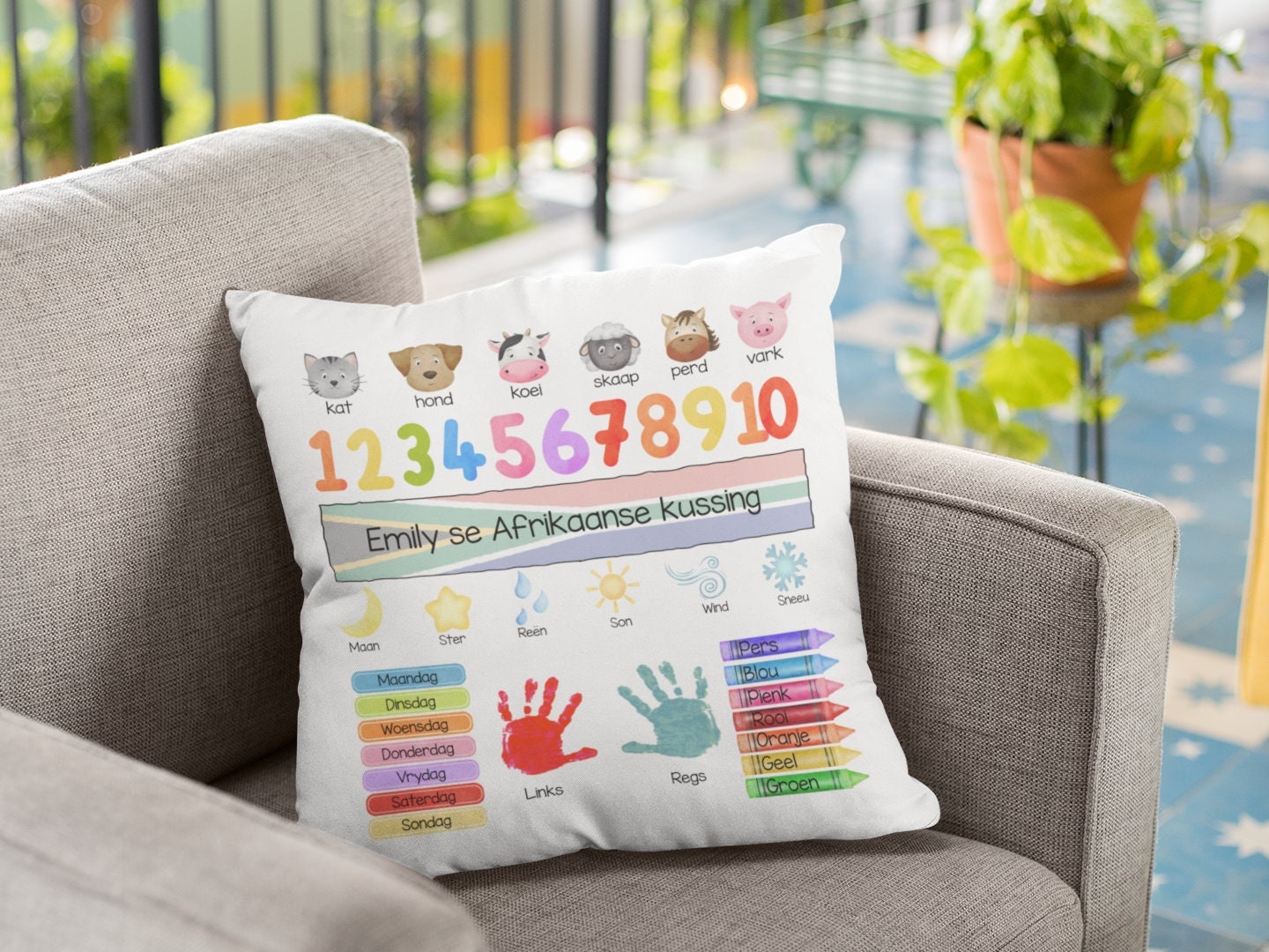 Personalised Afrikaans learning cushion pillow learning resources South Africa toddler kids Afrikaans words for beginners customised