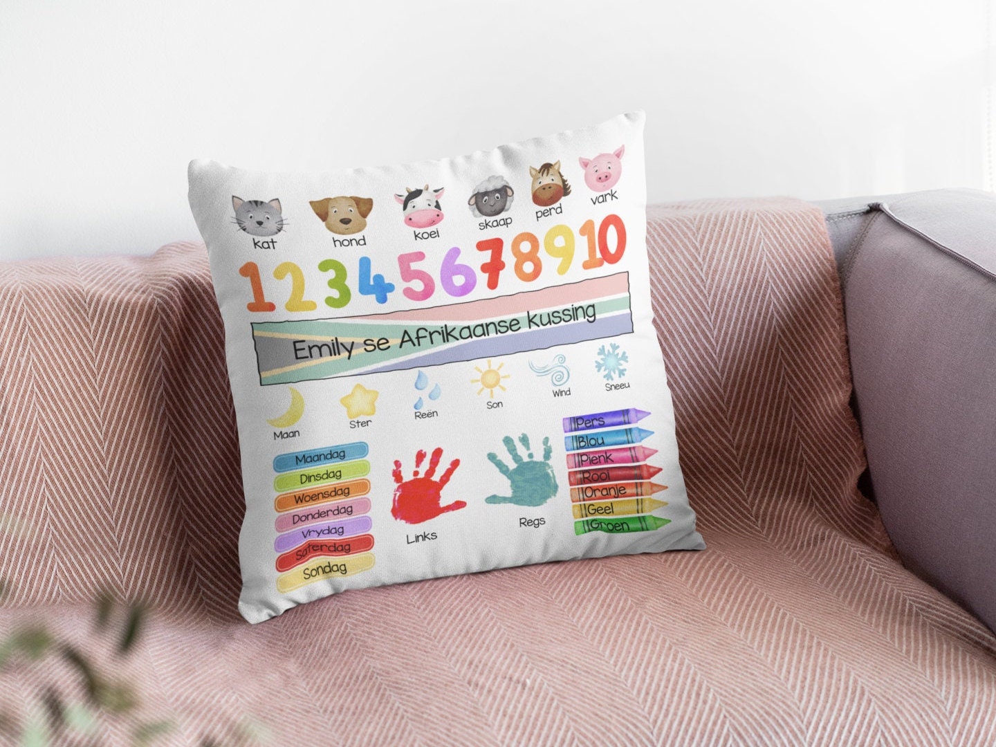 Personalised Afrikaans learning cushion pillow learning resources South Africa toddler kids Afrikaans words for beginners customised