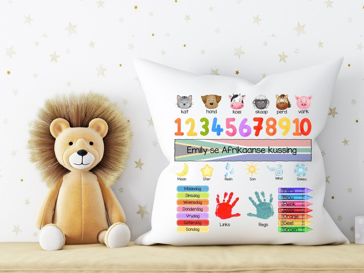 Personalised Afrikaans learning cushion pillow learning resources South Africa toddler kids Afrikaans words for beginners customised