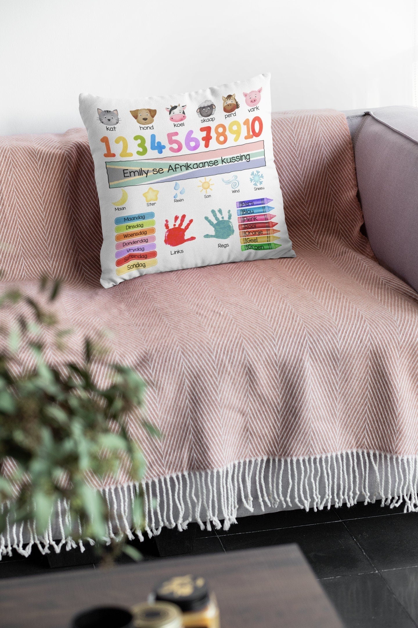 Personalised Afrikaans learning cushion pillow learning resources South Africa toddler kids Afrikaans words for beginners customised