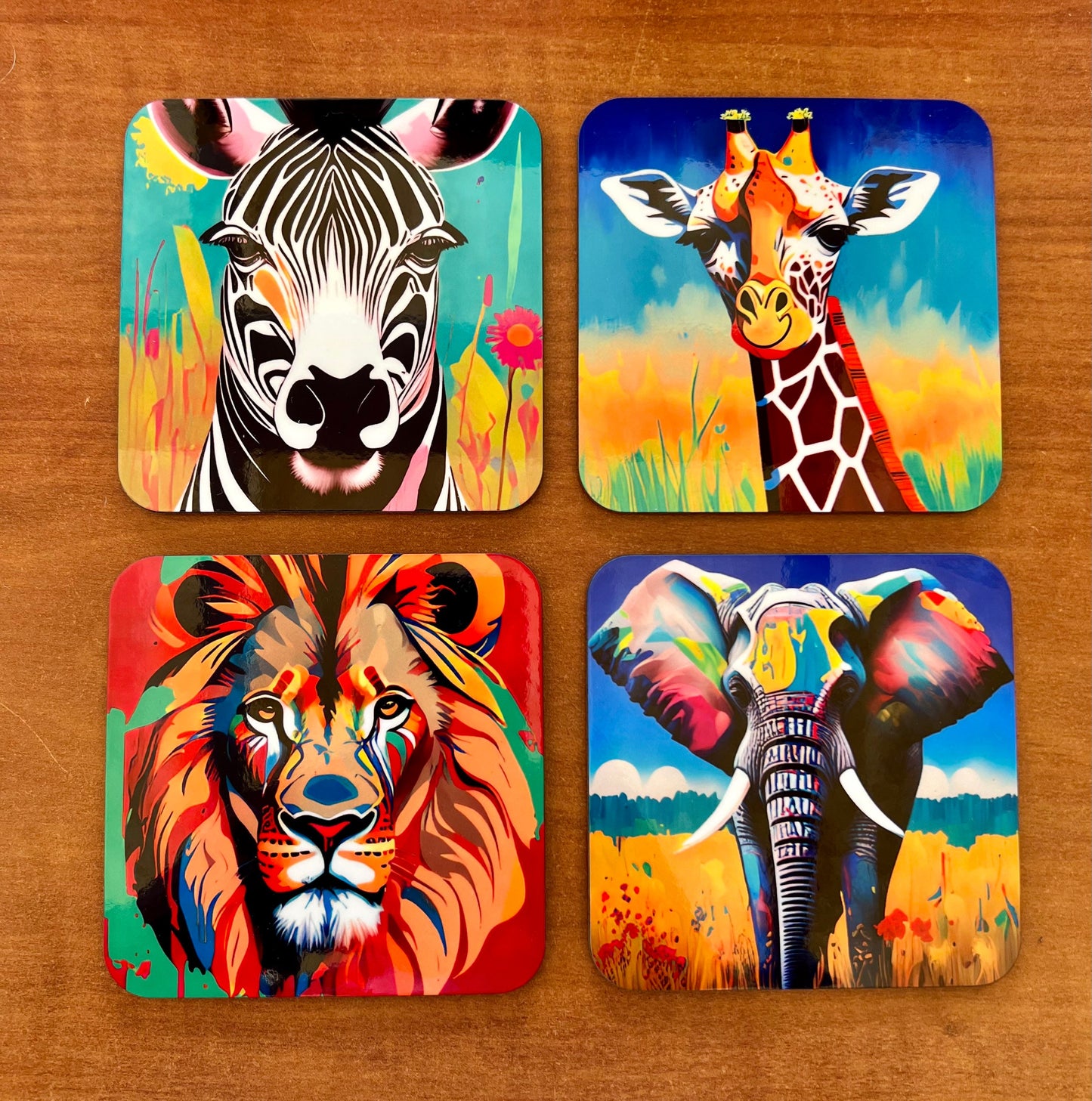 Safari African savannah jungle animal coasters wildlife gift bright colours elephant lion zebra giraffe set of 4 with optional stand