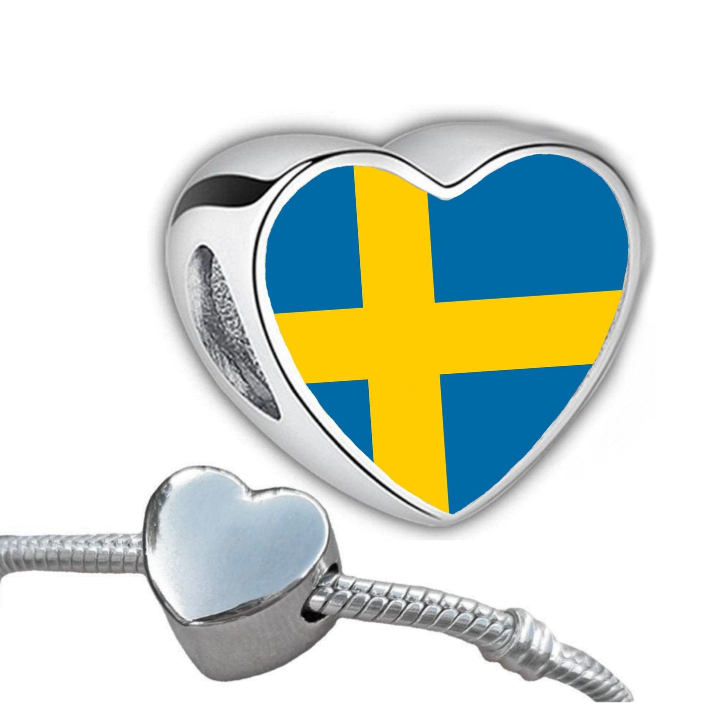 Sweden Swedish Flag heart stainless steel charm bead Flag Bead Personalised Charm. Add on bead.