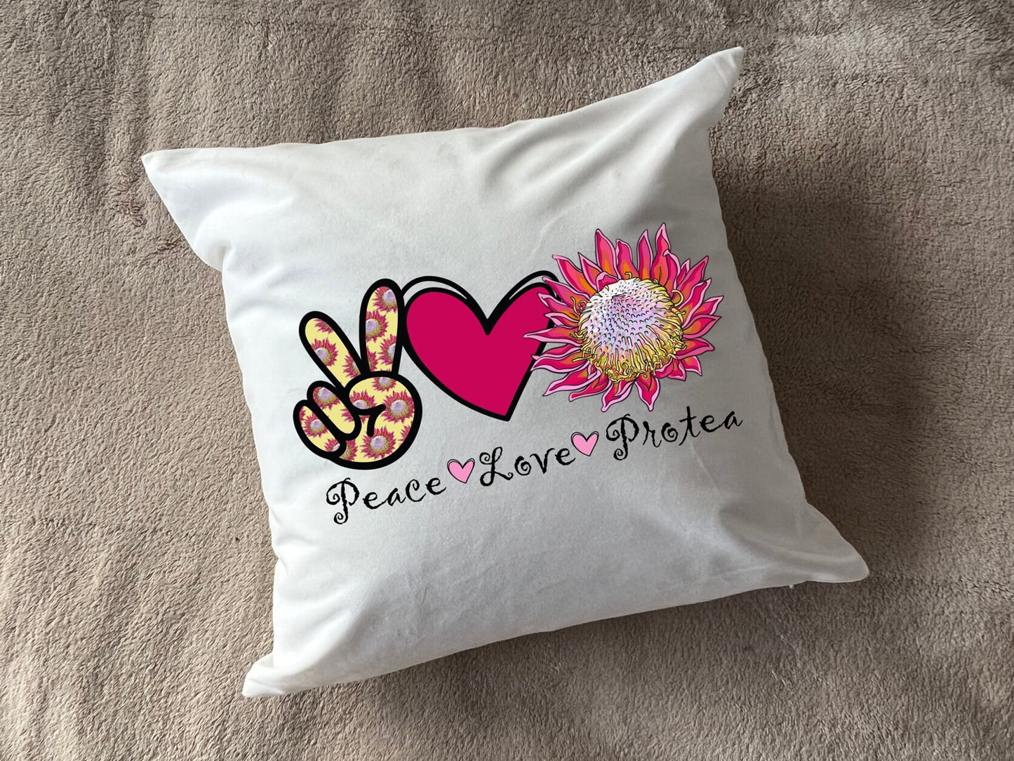 Peace Love Protea design South African Flower Protea Design plush white deluxe soft feel scatter cushion. ( 40x40cm )