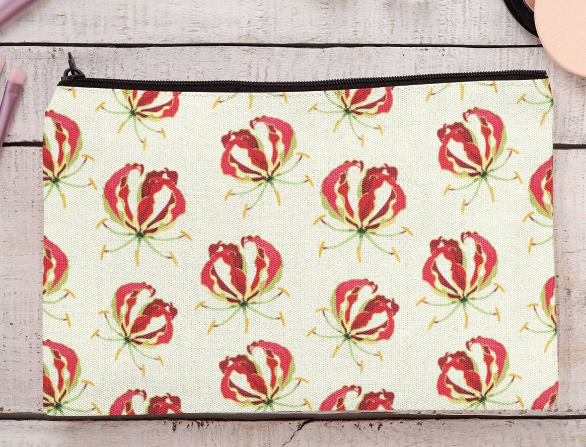 Flame Lily Cosmetics / pencil case. Gloriosa superba Zimbabwe. Brightly coloured Flame Lily printed on a linen cosmetics case.
