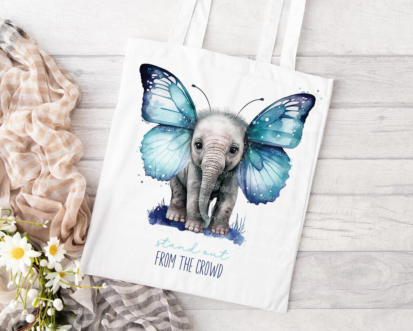 Elephant Butterfly Blue Wings Tote Bag, Personalised, Elephant Lover Bag, Unique Gift for Mum/ Grandma, Personalised Gift, Mother’s Day gift