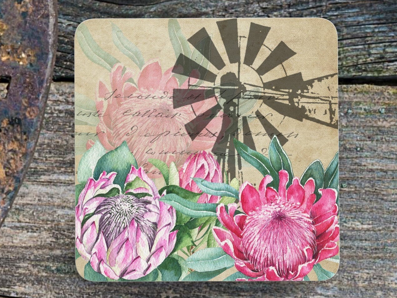 Set of 4 Coasters with optional Display Stand, Karoo Windmill with Proteas' coasters. South African coasters. ( 9x9cm )