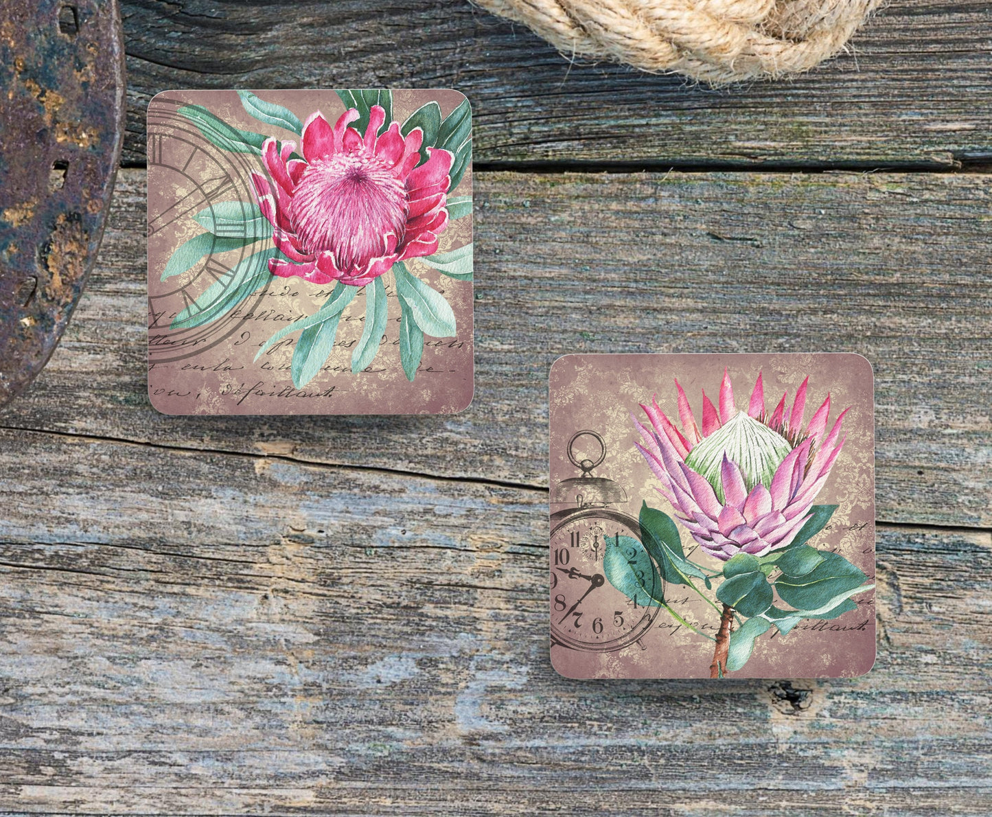 Set of 4 Coasters with optional Display Stand, Vintage Proteas. South African coasters. ( 9x9cm )