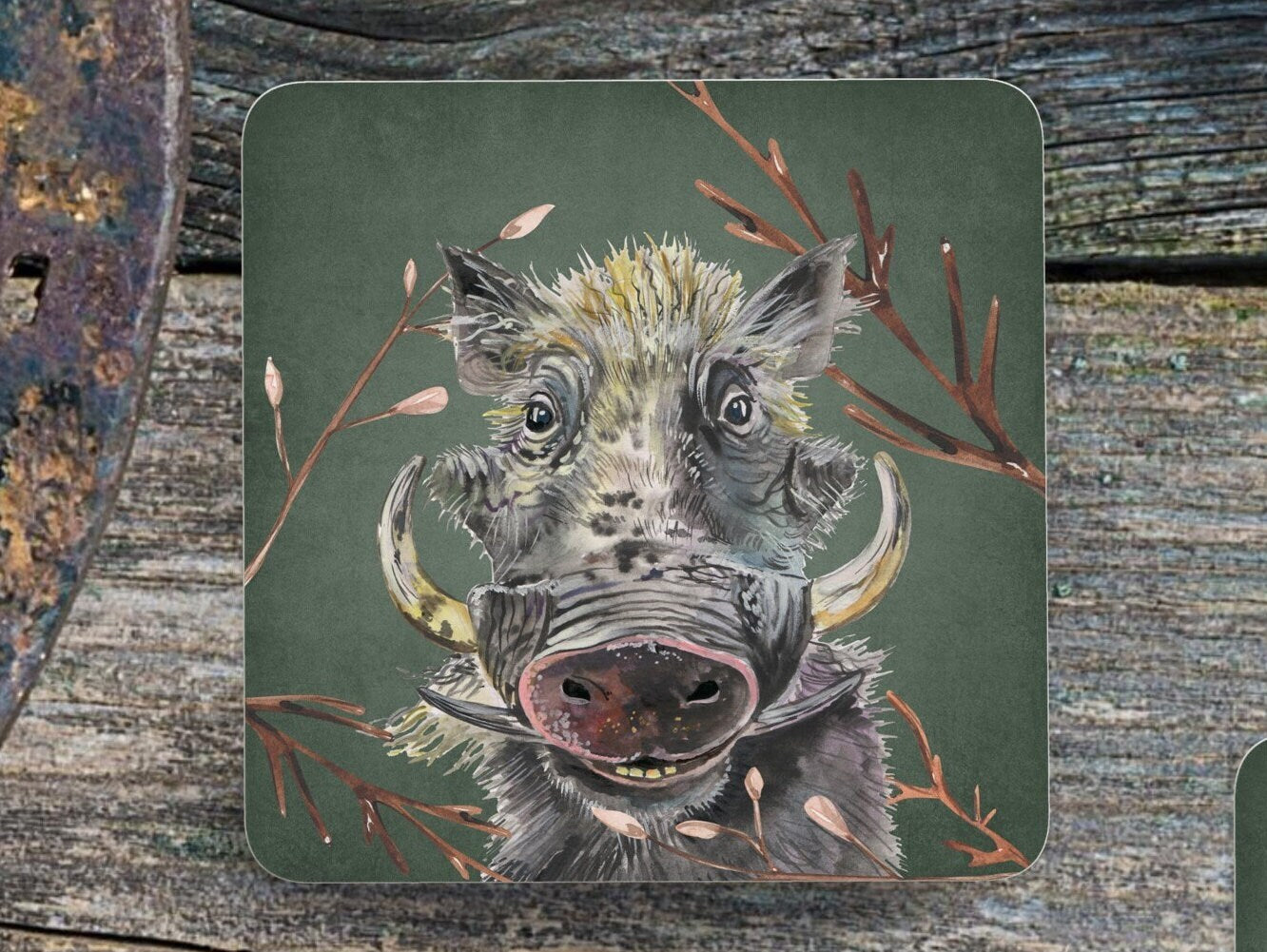 Set of 4 Coasters with optional Display Stand, Meerkat and Warthog, hand printed. ( 9x9 cm ) Great and vibrant South African Designs.