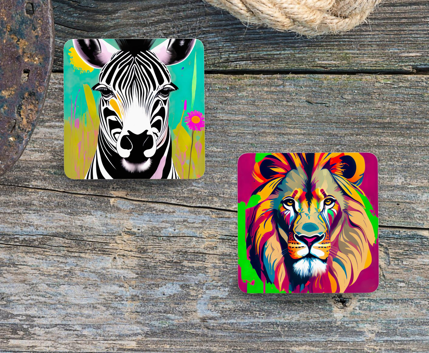 Safari African savannah jungle animal coasters wildlife gift bright colours elephant lion zebra giraffe set of 4 with optional stand