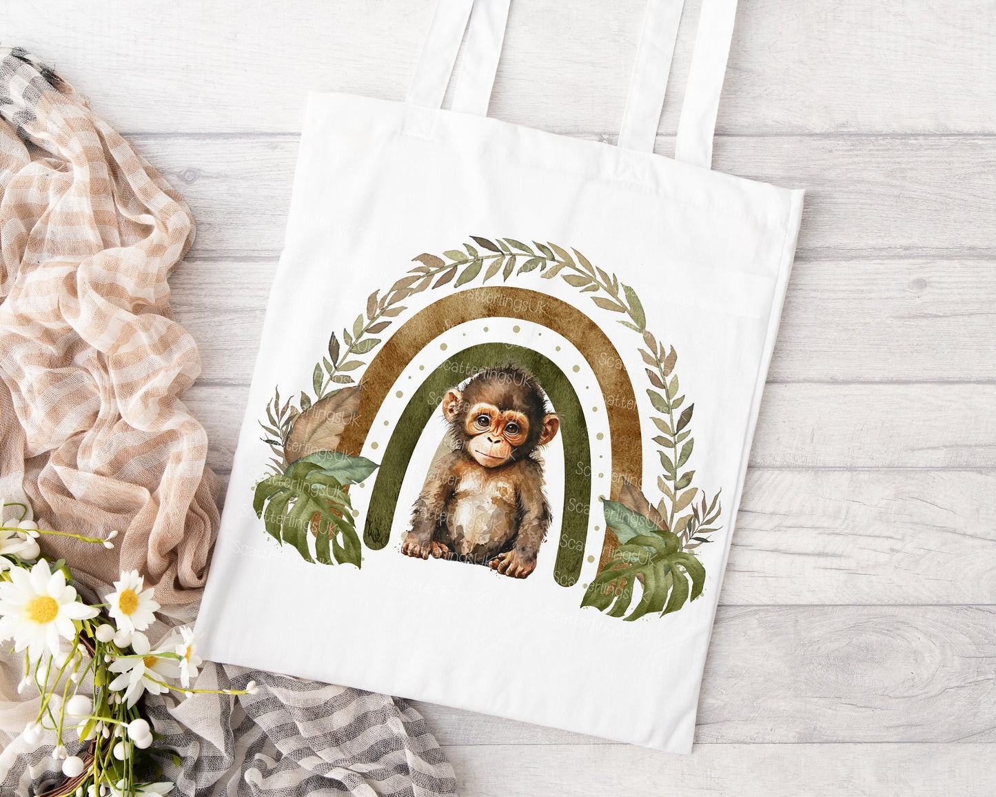 Cheeky Monkey Rainbow personalised custom white tote bag gift for teacher mum nan reusable eco-friendly safari jungle