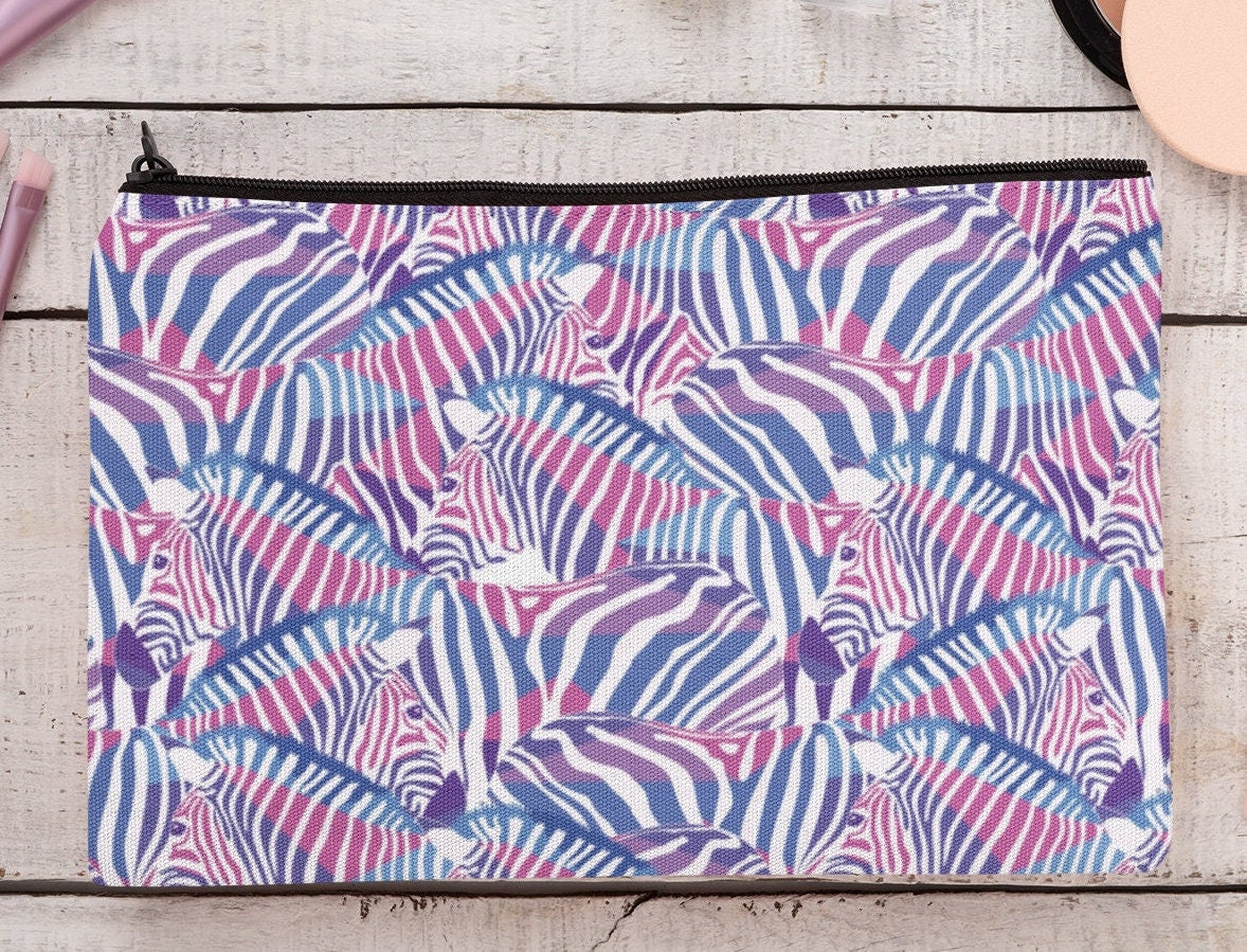 Zebra design cosmetic zip case /pencil case/purse. Pink and purple pattern. South African pattern