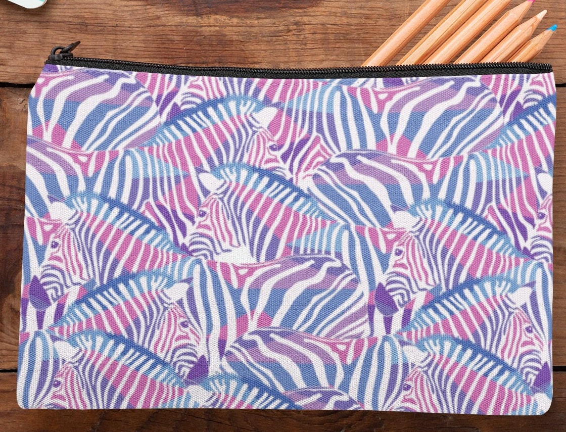 Zebra design cosmetic zip case /pencil case/purse. Pink and purple pattern. South African pattern
