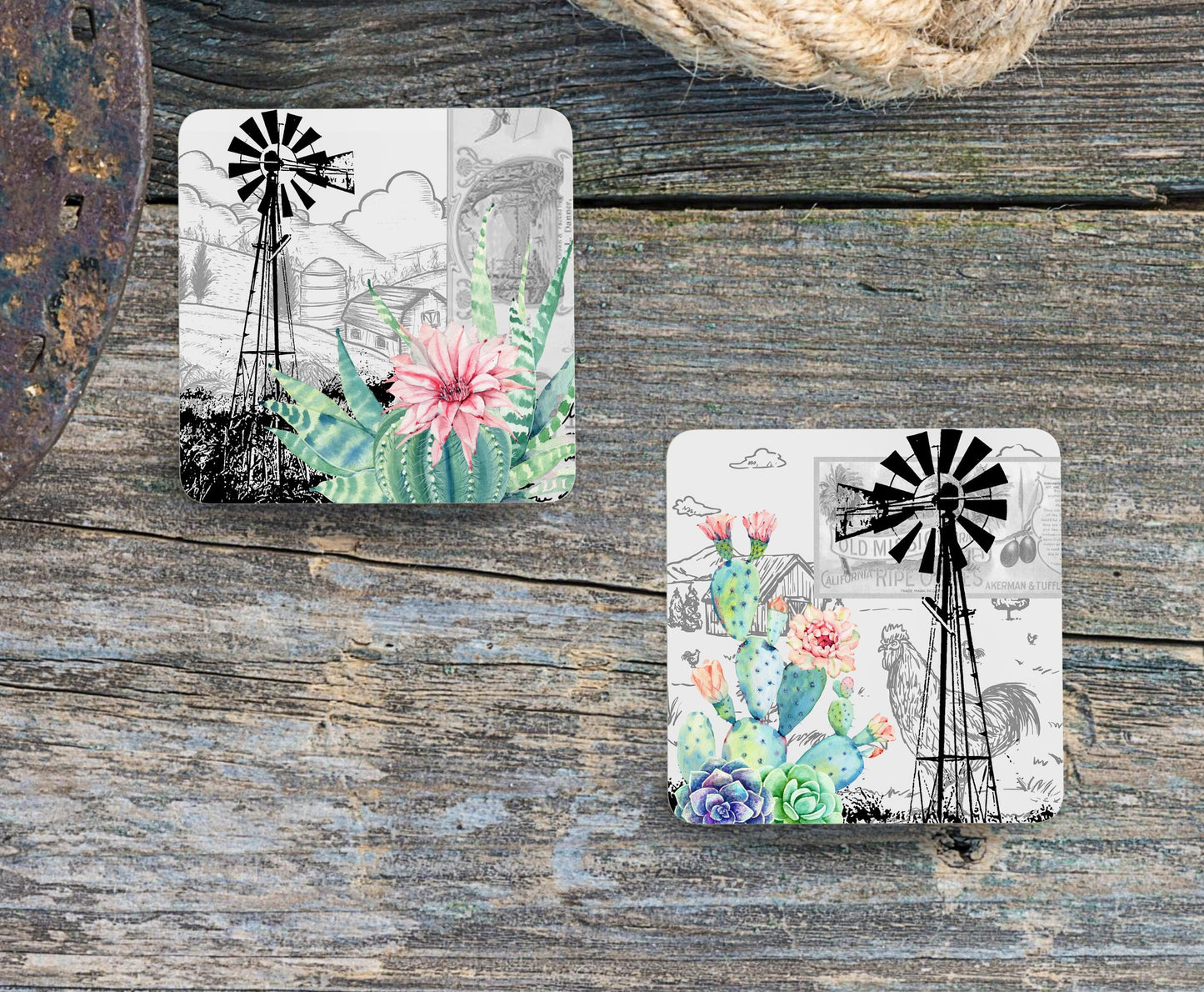 Set of 4 Coasters with optional Display Stand, Cactus Prickly Pears and Karoo Windpomp. Set of 4 South African 9x9cm coasters.