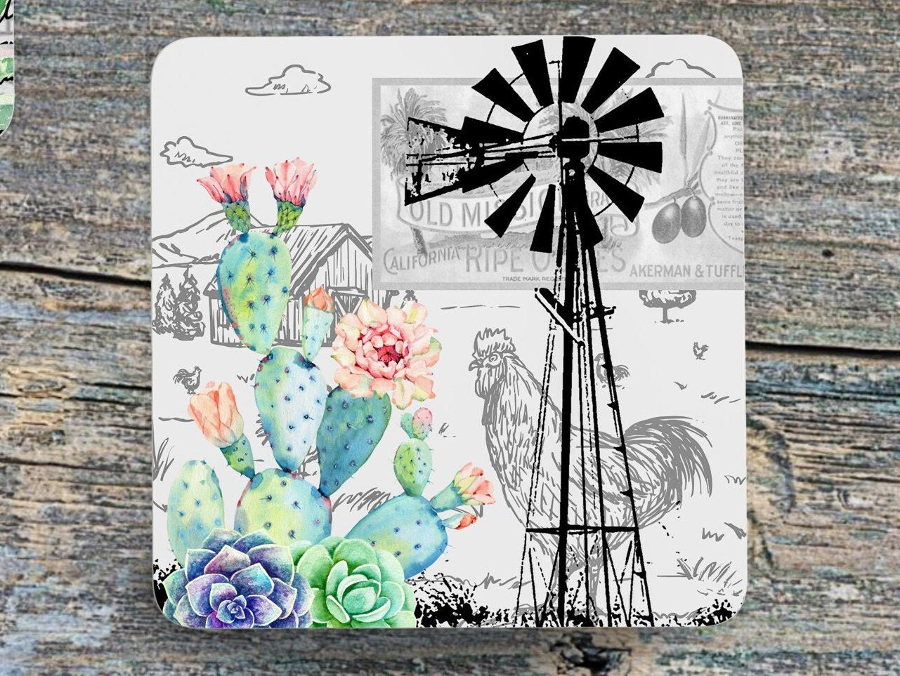 Set of 4 Coasters with optional Display Stand, Cactus Prickly Pears and Karoo Windpomp. Set of 4 South African 9x9cm coasters.